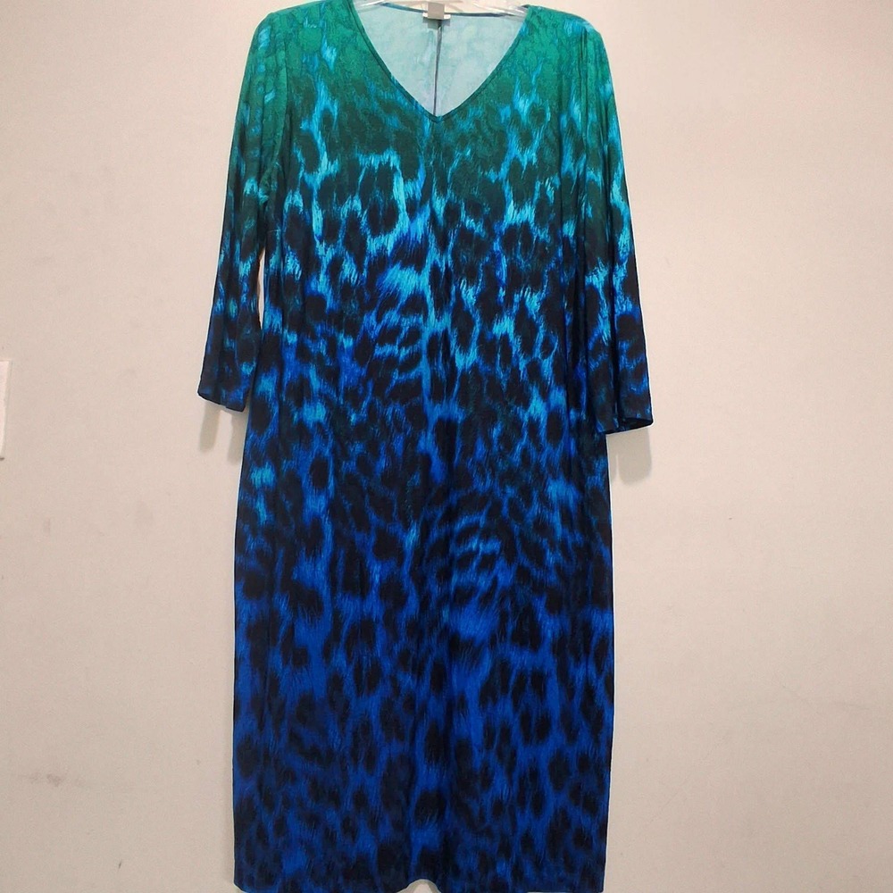 Chico's Blue Green Abstract Animal Print V-Neck Midi Dress 3/4 Sleeve Size 2 L